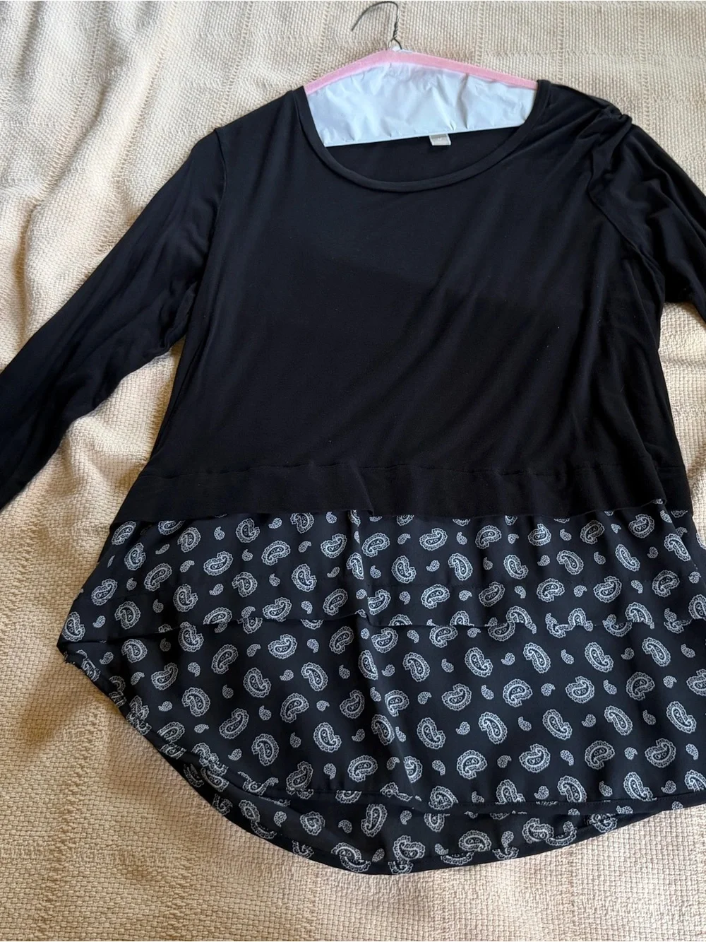 Michael Kors Black Long Sleeve Top with Paisley Hem